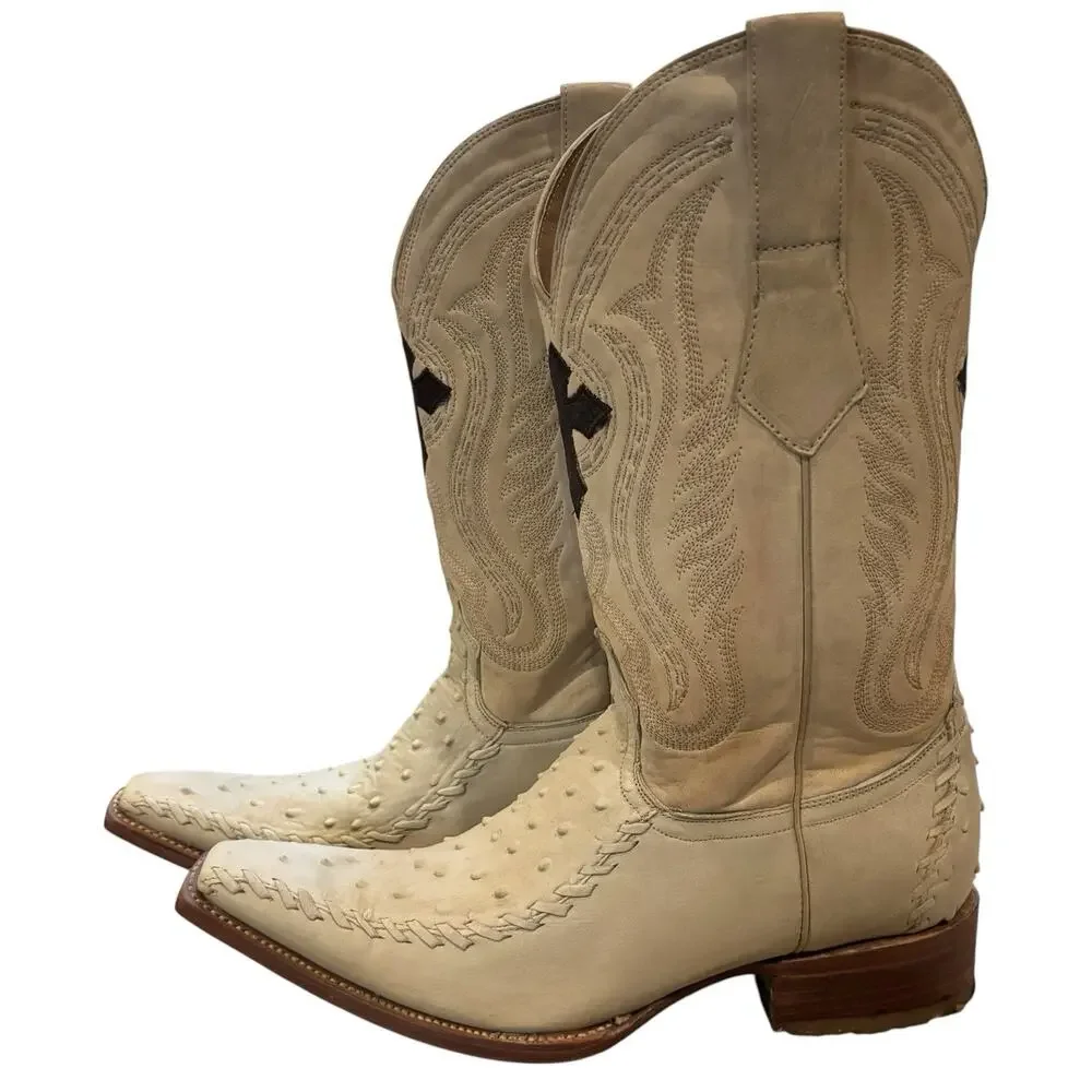Vintage Aguila Real Ostrich Leather Cowboy Boots US 10 Exotic Pointed Toe Cream